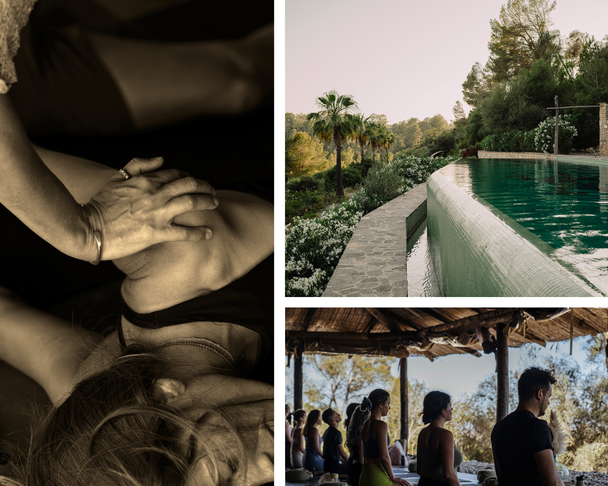 collage of photos of retreat resort incl people sitting in meditation, a pool, and hands-on assist in a yoga pose